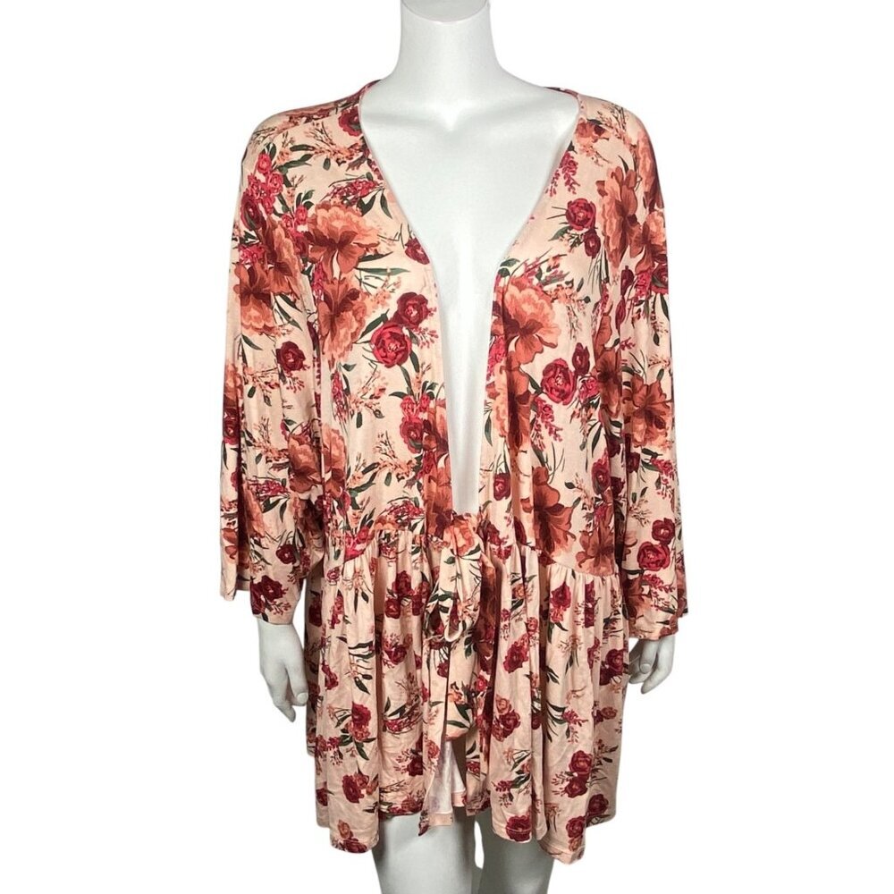 Torrid Floral Babydoll Jacket Size 6X Tie Closure 3/4 Sleeves Stretch Pink